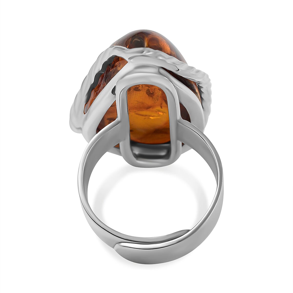Amber Beads Adjustable Ring in Sterling Silver 40.00 Ct, Silver Wt 7.50 Gms