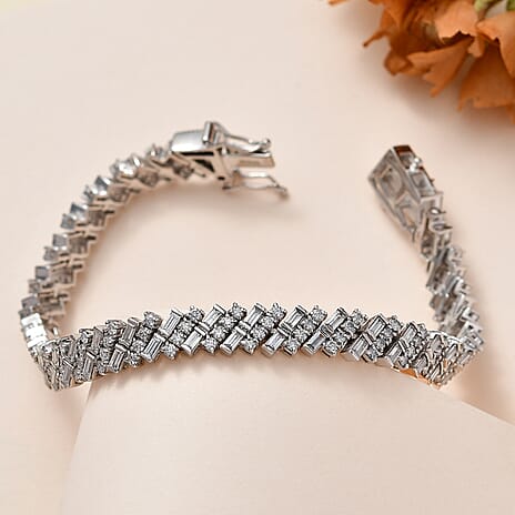 Moissanite Baguette Link Bracelet (Size - 7.5) in Platinum Overlay Sterling Silver 7.15 Ct, Silver Wt 15.66 GM