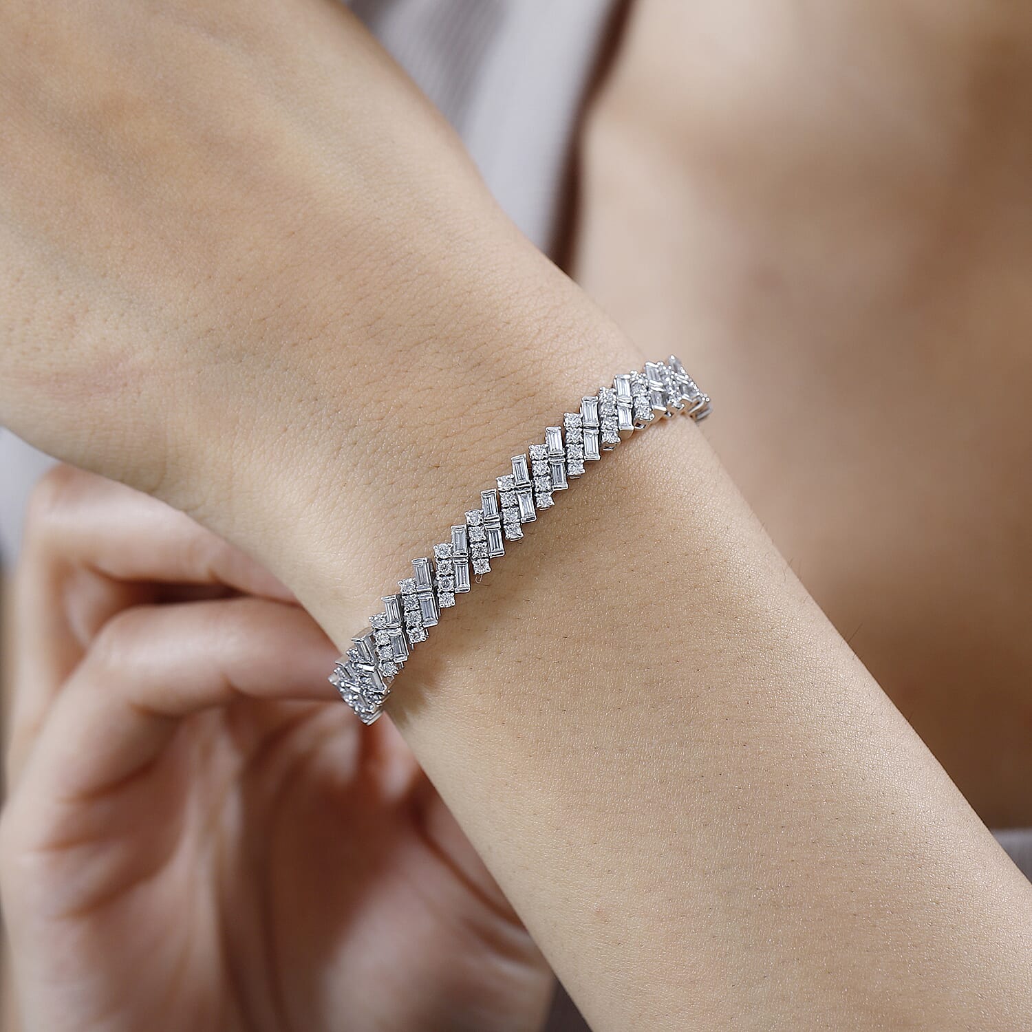 Moissanite Baguette Link Bracelet (Size - 7.5) in Platinum Overlay Sterling Silver 7.15 Ct, Silver Wt 15.66 GM