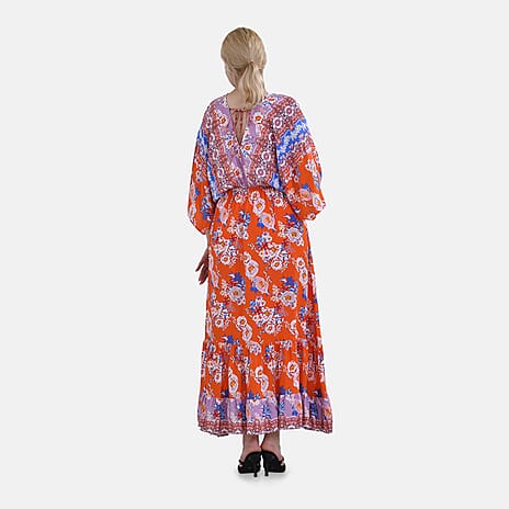 TAMSY 100% Viscose Mixed Printed Elastic Waist Maxi Dress (One Size) - Red - Purple