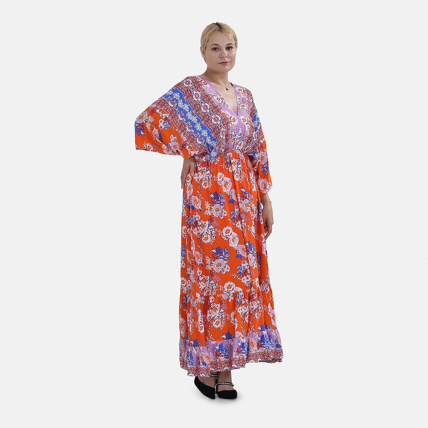 TAMSY 100% Viscose Mixed Printed Elastic Waist Maxi Dress (One Size) - Red & Purple