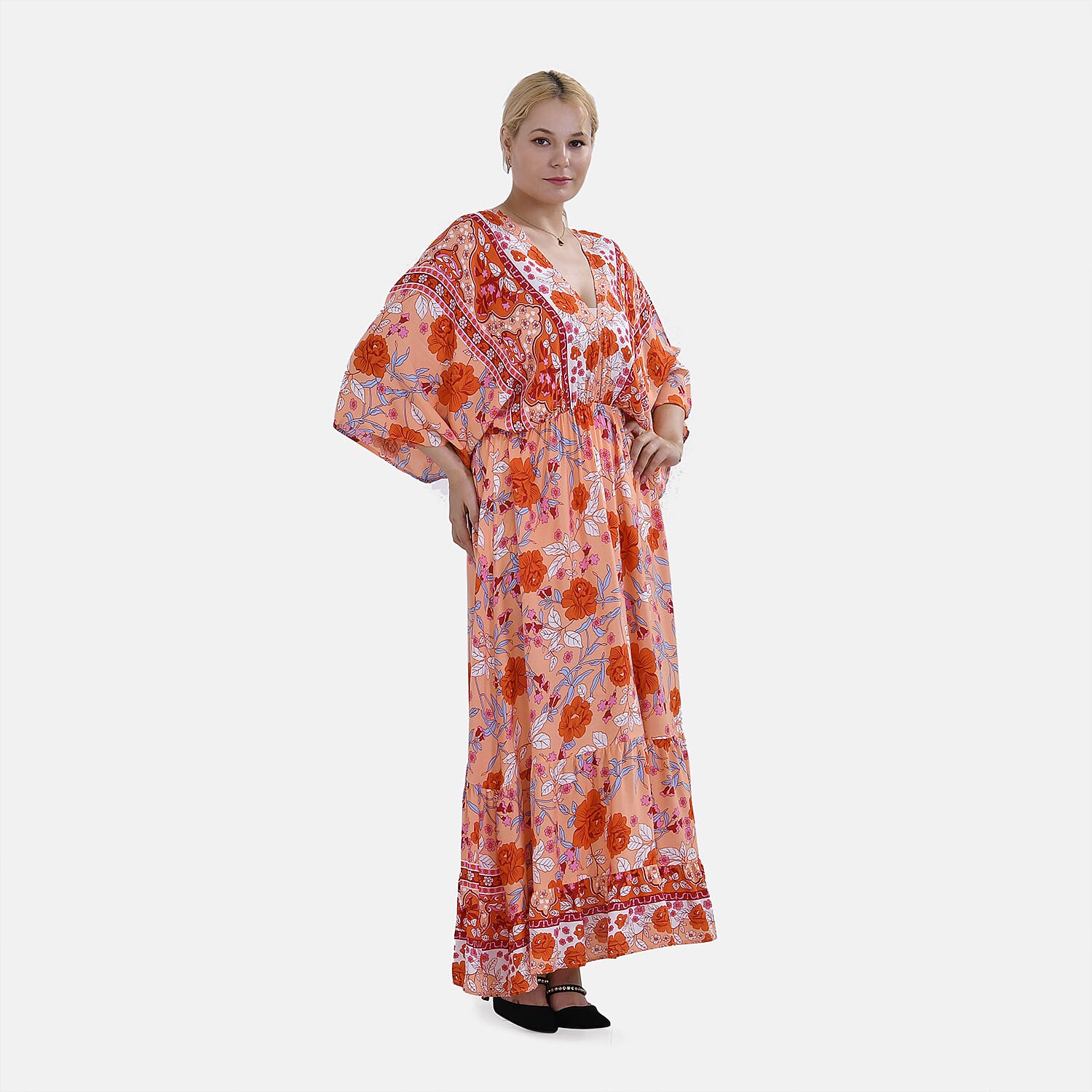 TAMSY 100% Viscose Mixed Printed Elastic Waist Maxi Dress (One Size) - Orange