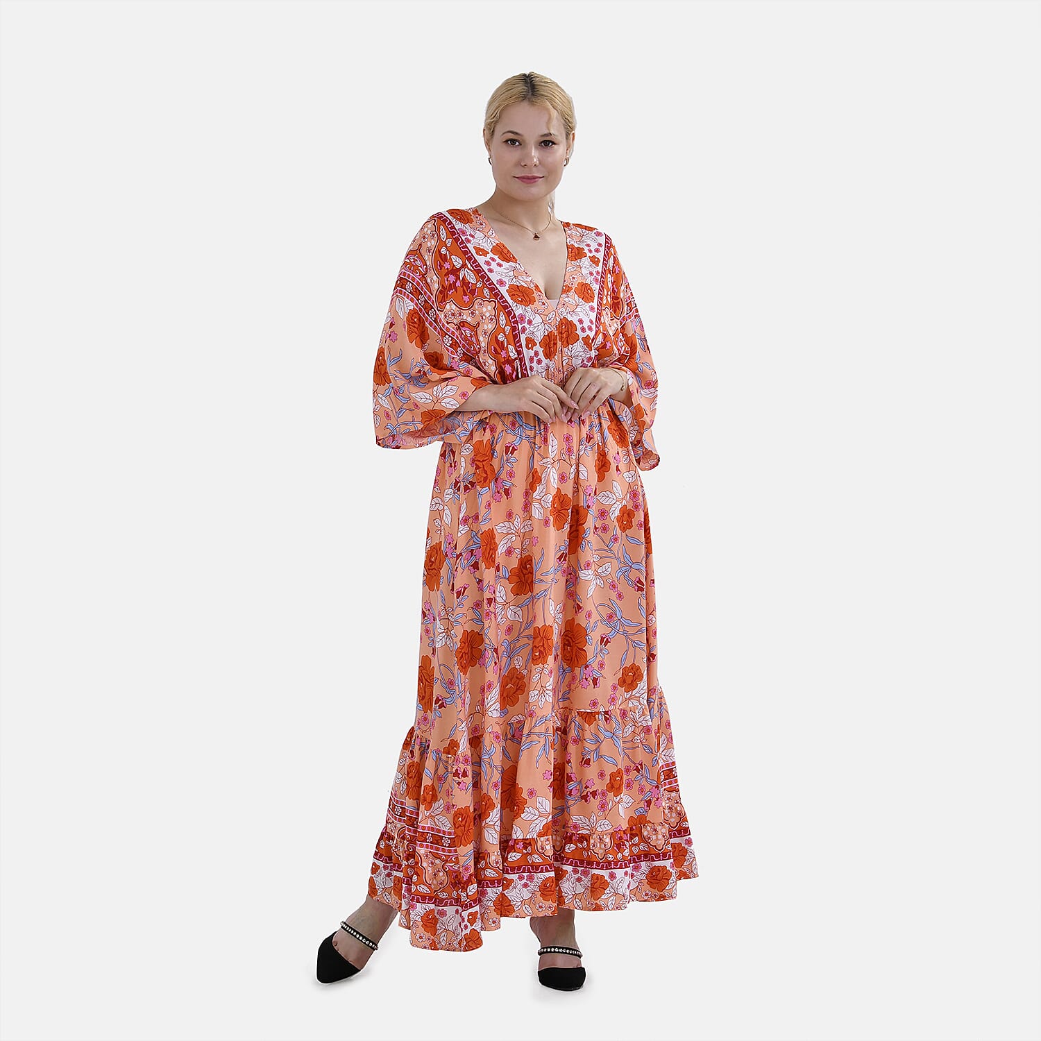 TAMSY 100% Viscose Mixed Printed Elastic Waist Maxi Dress (One Size) - Orange