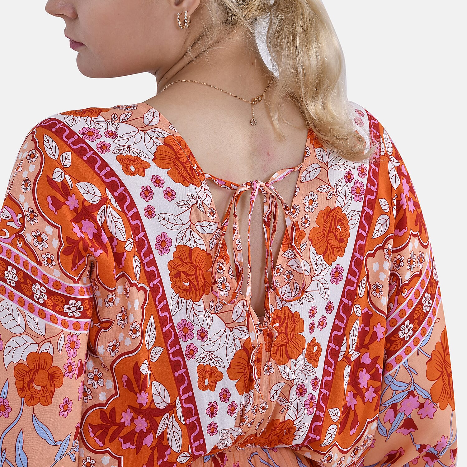 TAMSY 100% Viscose Mixed Printed Elastic Waist Maxi Dress (One Size) - Orange