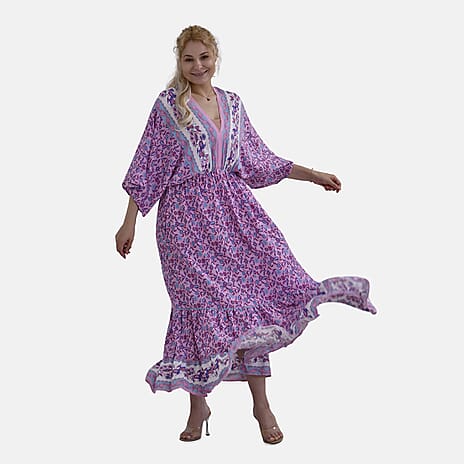 TAMSY 100% Viscose Mixed Printed Elastic Waist Maxi Dress (One Size) - Purple