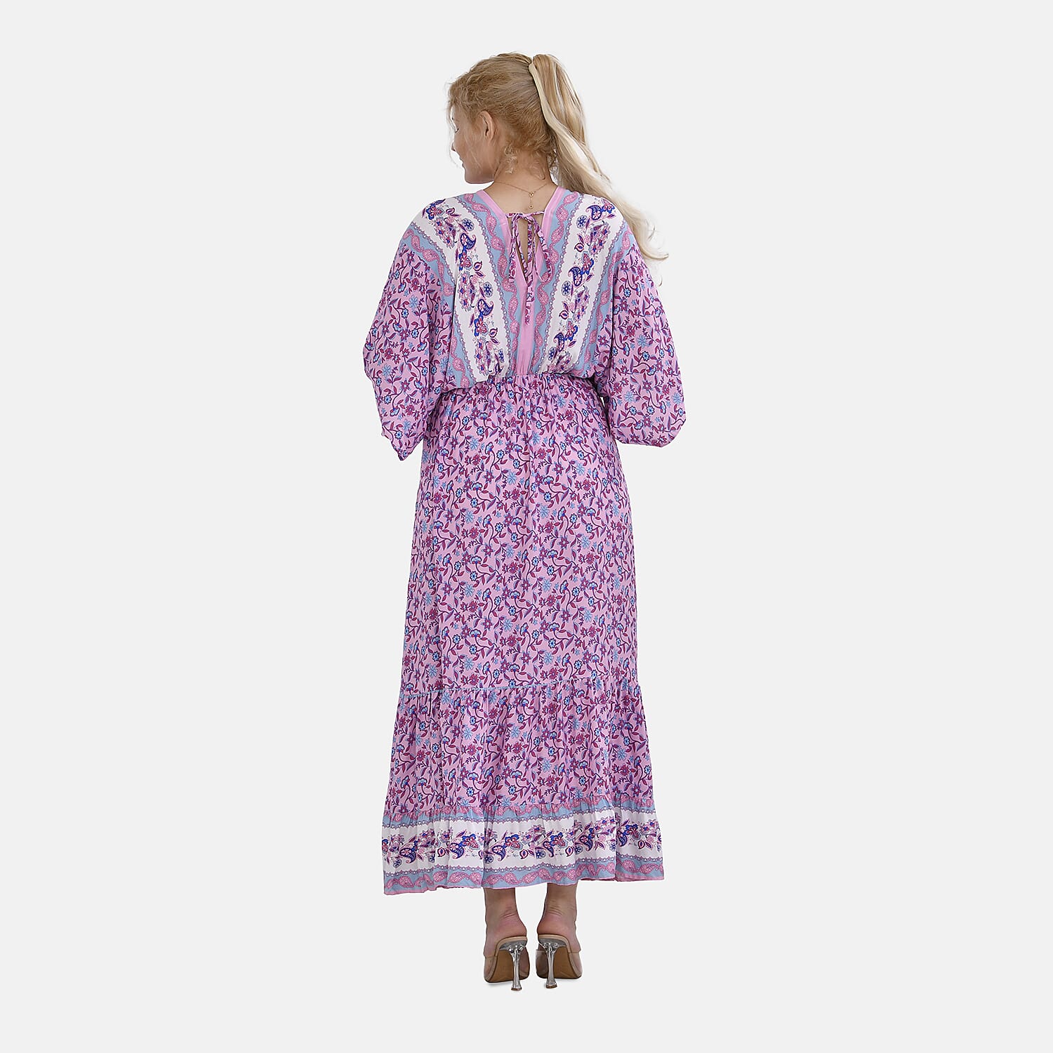 TAMSY 100% Viscose Mixed Printed Elastic Waist Maxi Dress (One Size) - Purple