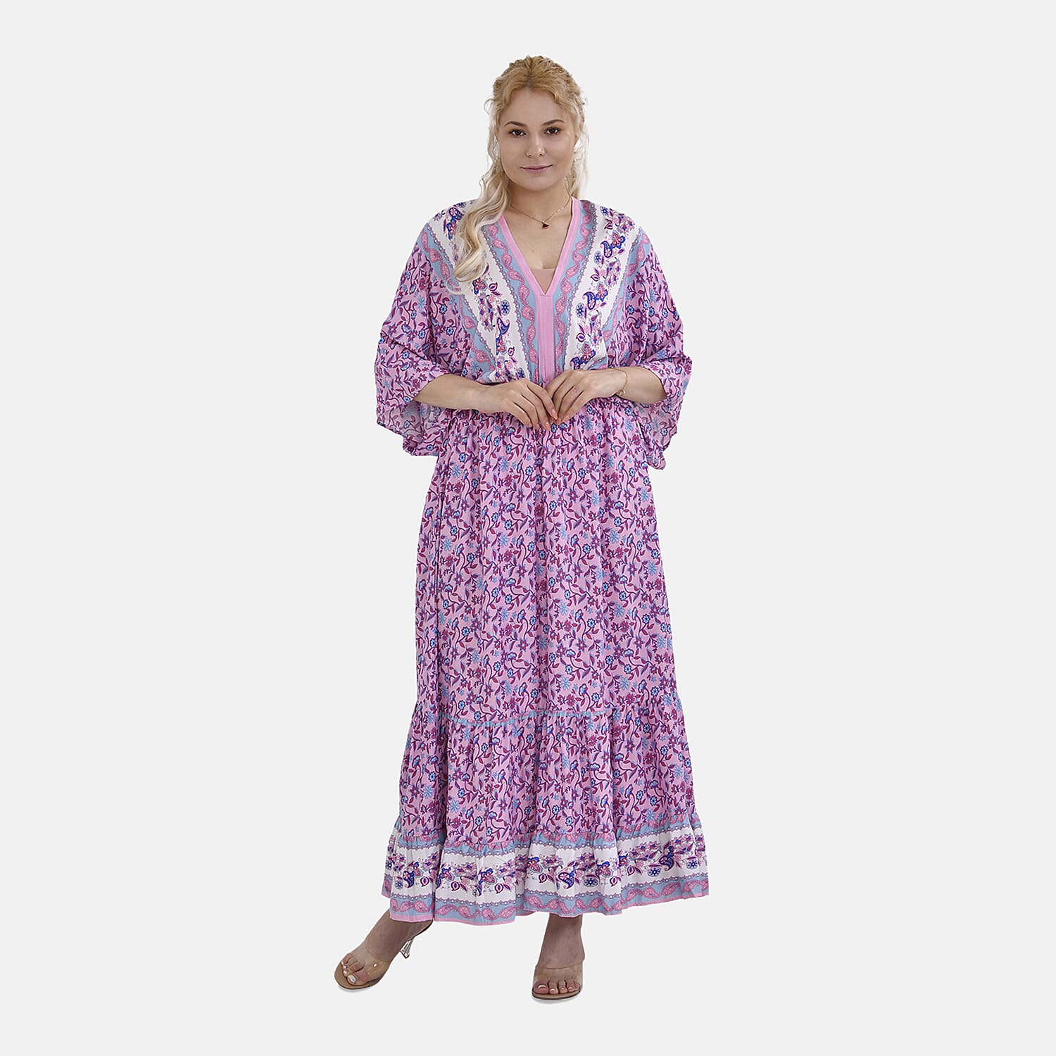 TAMSY 100% Viscose Mixed Printed Elastic Waist Maxi Dress (One Size) - Purple