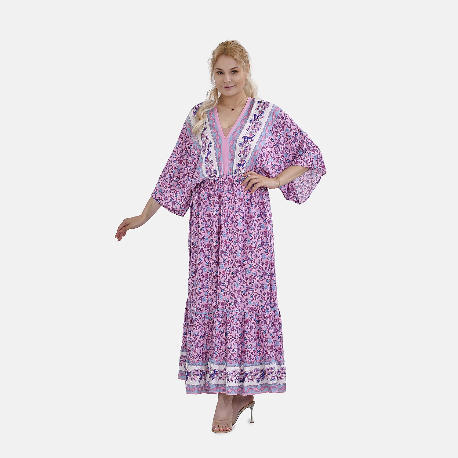 TAMSY 100% Viscose Mixed Printed Elastic Waist Maxi Dress (One Size) - Purple