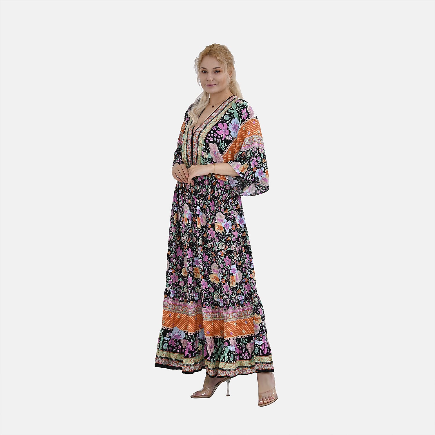 TAMSY 100% Viscose Mixed Printed Elastic Waist Maxi Dress (One Size) - Black - Orange