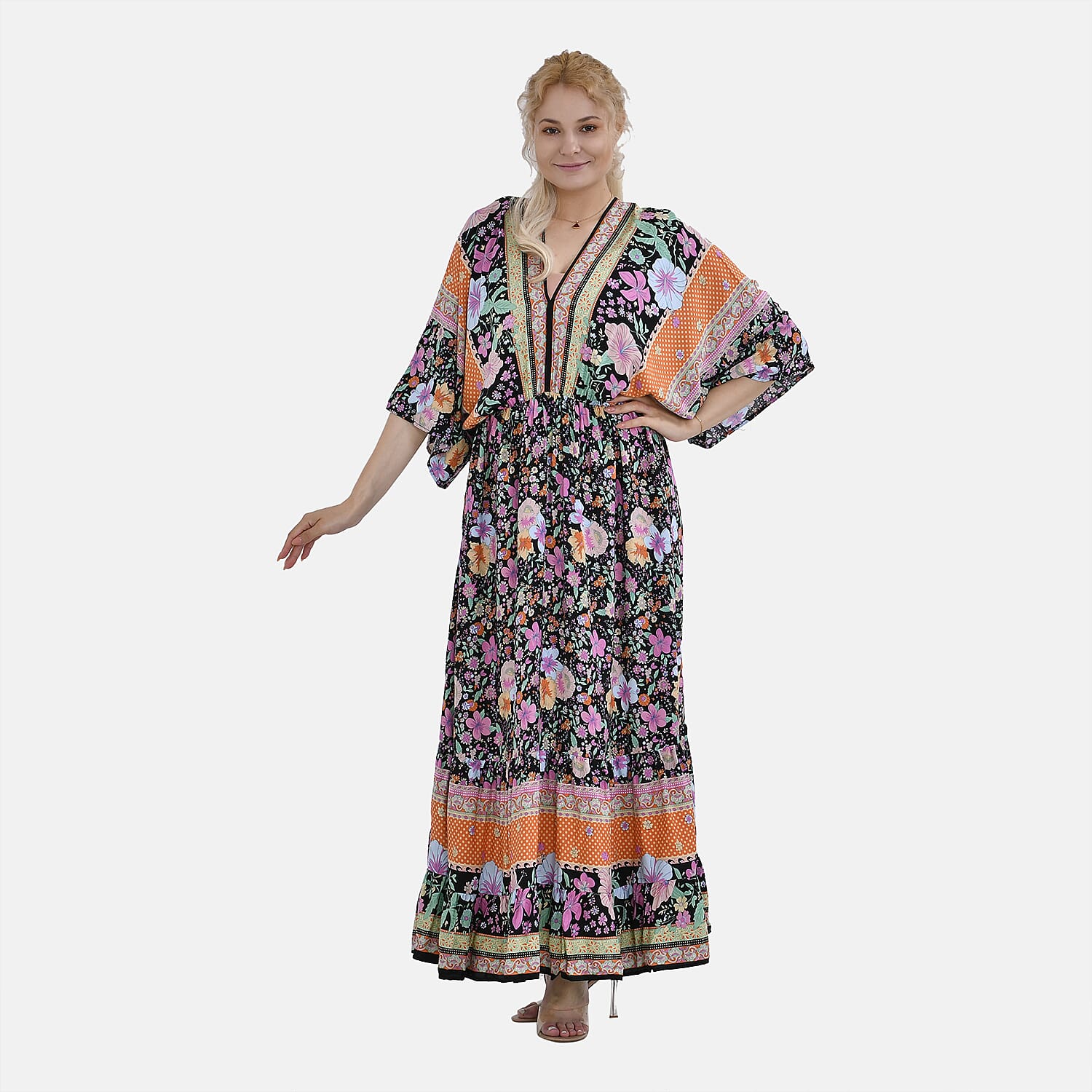 TAMSY 100% Viscose Mixed Printed Elastic Waist Maxi Dress (One Size) - Black - Orange