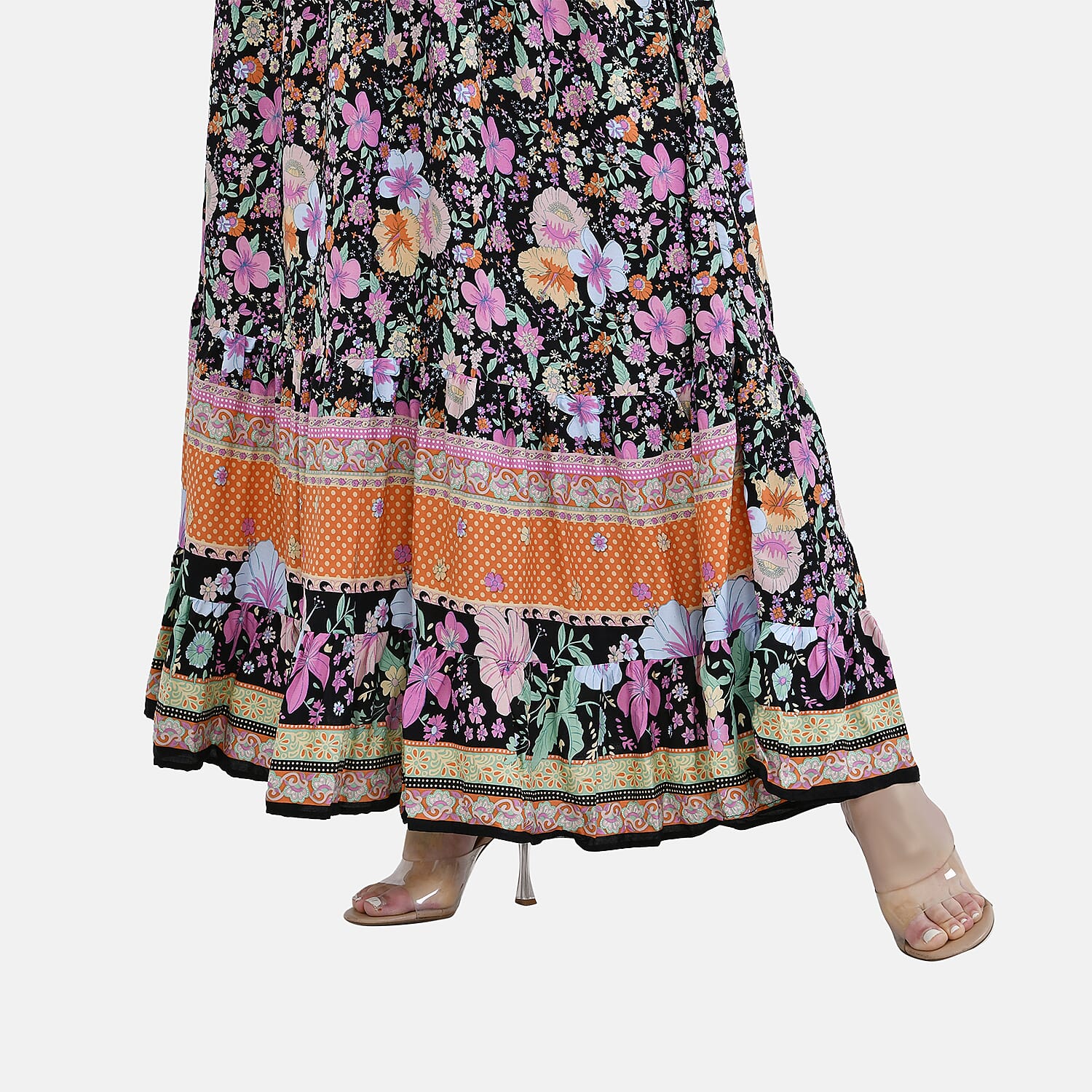 TAMSY 100% Viscose Mixed Printed Elastic Waist Maxi Dress (One Size) - Black - Orange