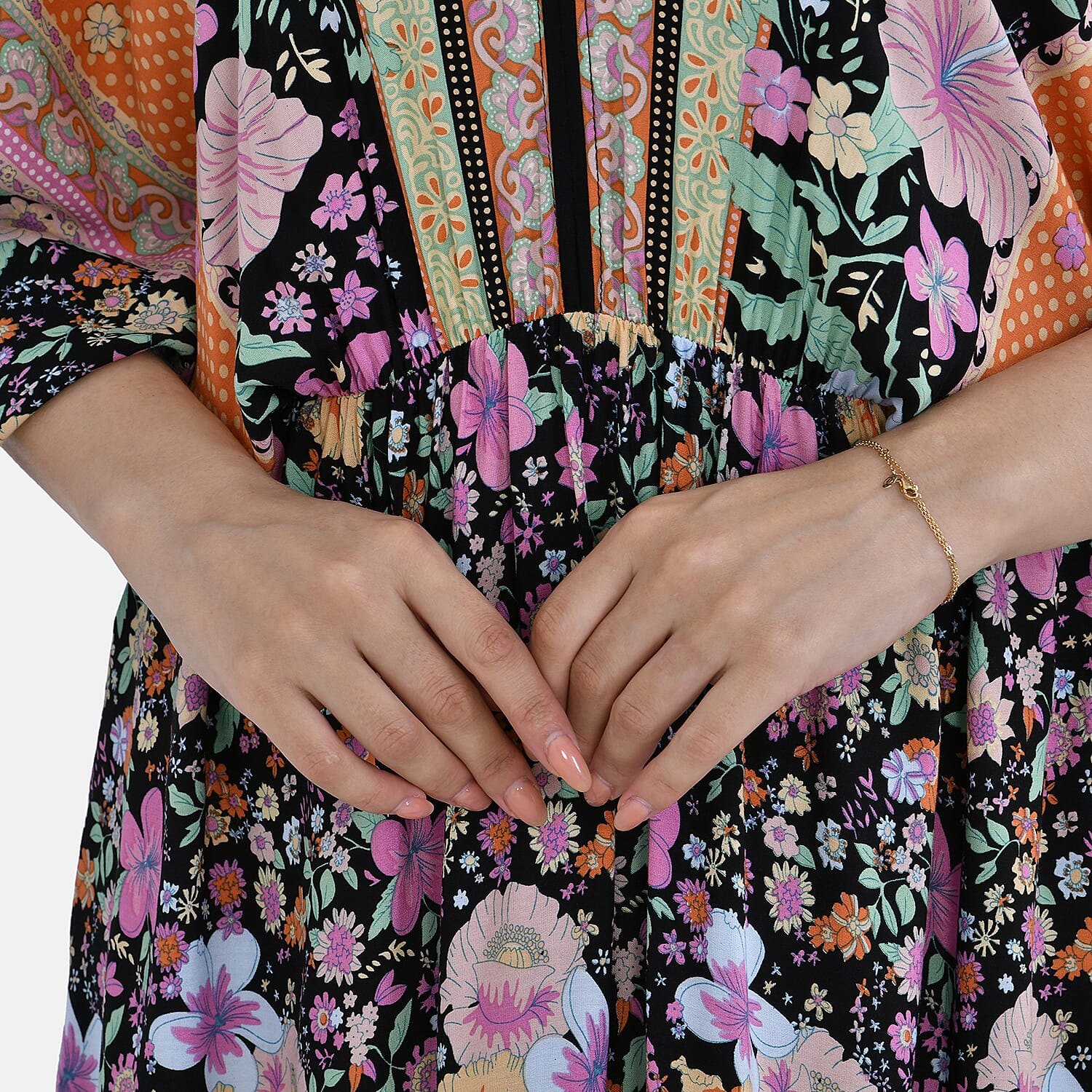 TAMSY 100% Viscose Mixed Printed Elastic Waist Maxi Dress (One Size) - Black - Orange