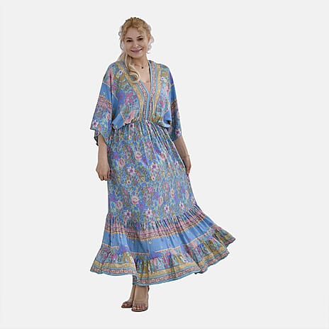 TAMSY 100%Viscose Placement Print Boho Midi Dress (One Size 8 - 18) - Blue