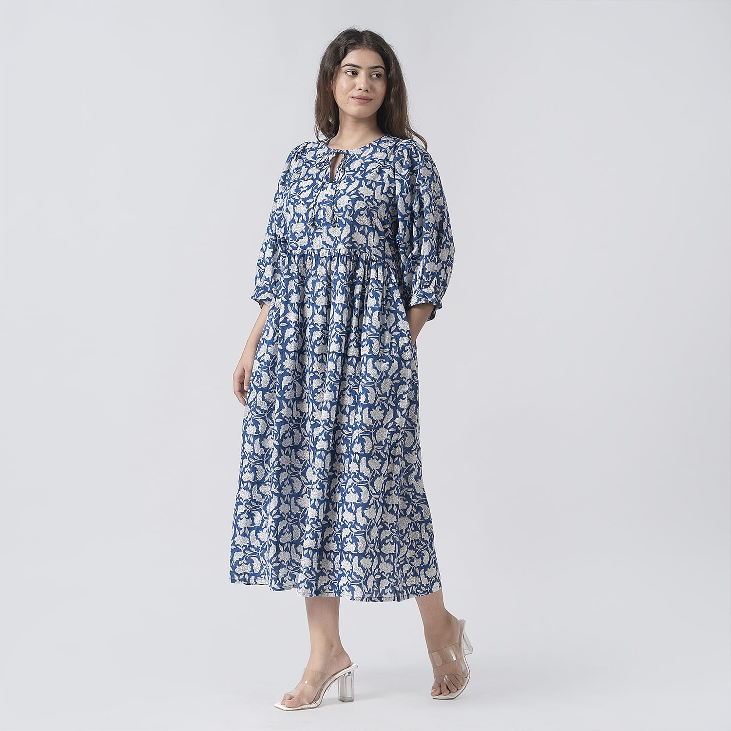 La Marey 100% Cotton Cambric Hand Block Printed Dress with Tie Closer - Navy (Size- S 8-10)