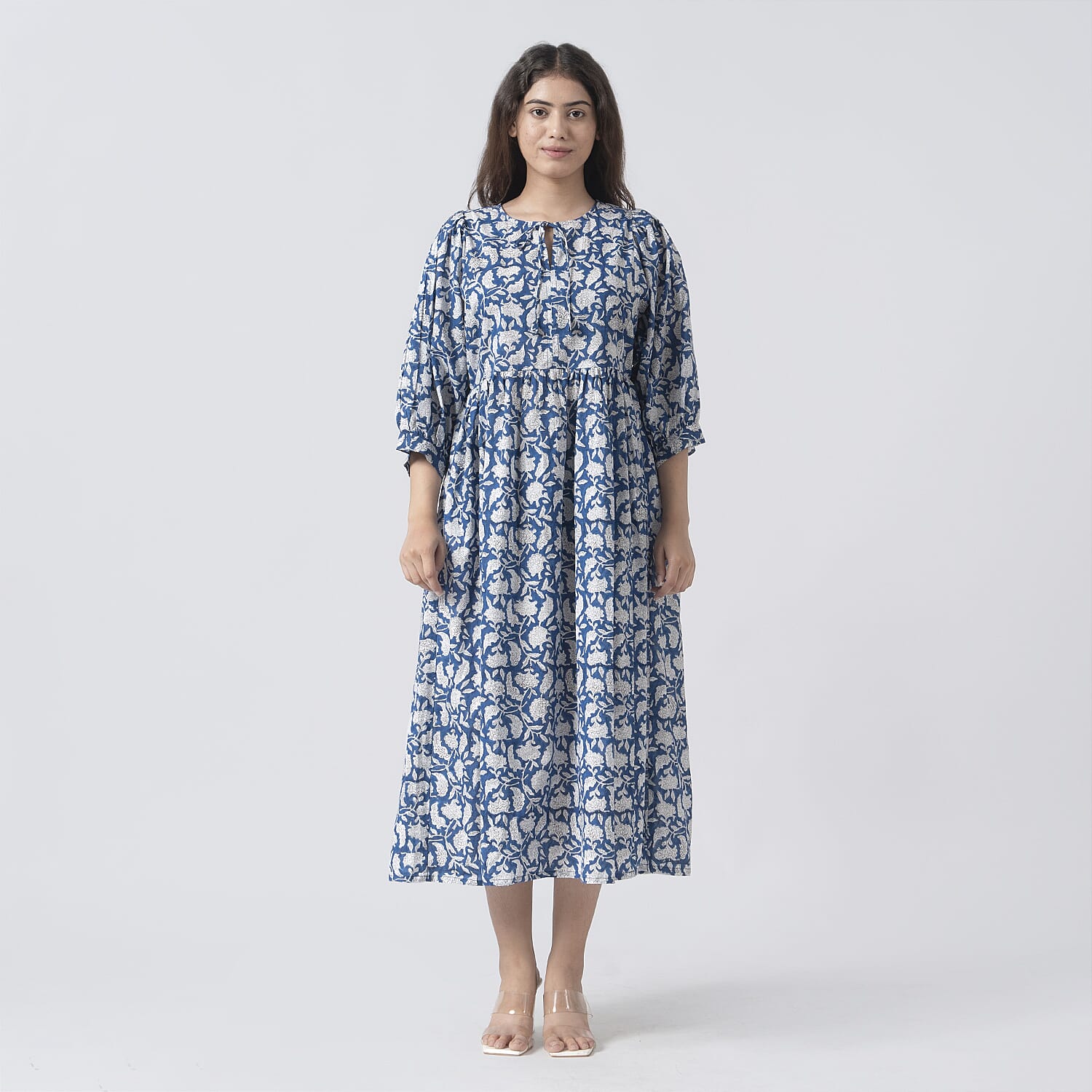 La Marey 100% Cotton Cambric Hand Block Printed Dress with Tie Closer - Navy (Size-L 16-18)