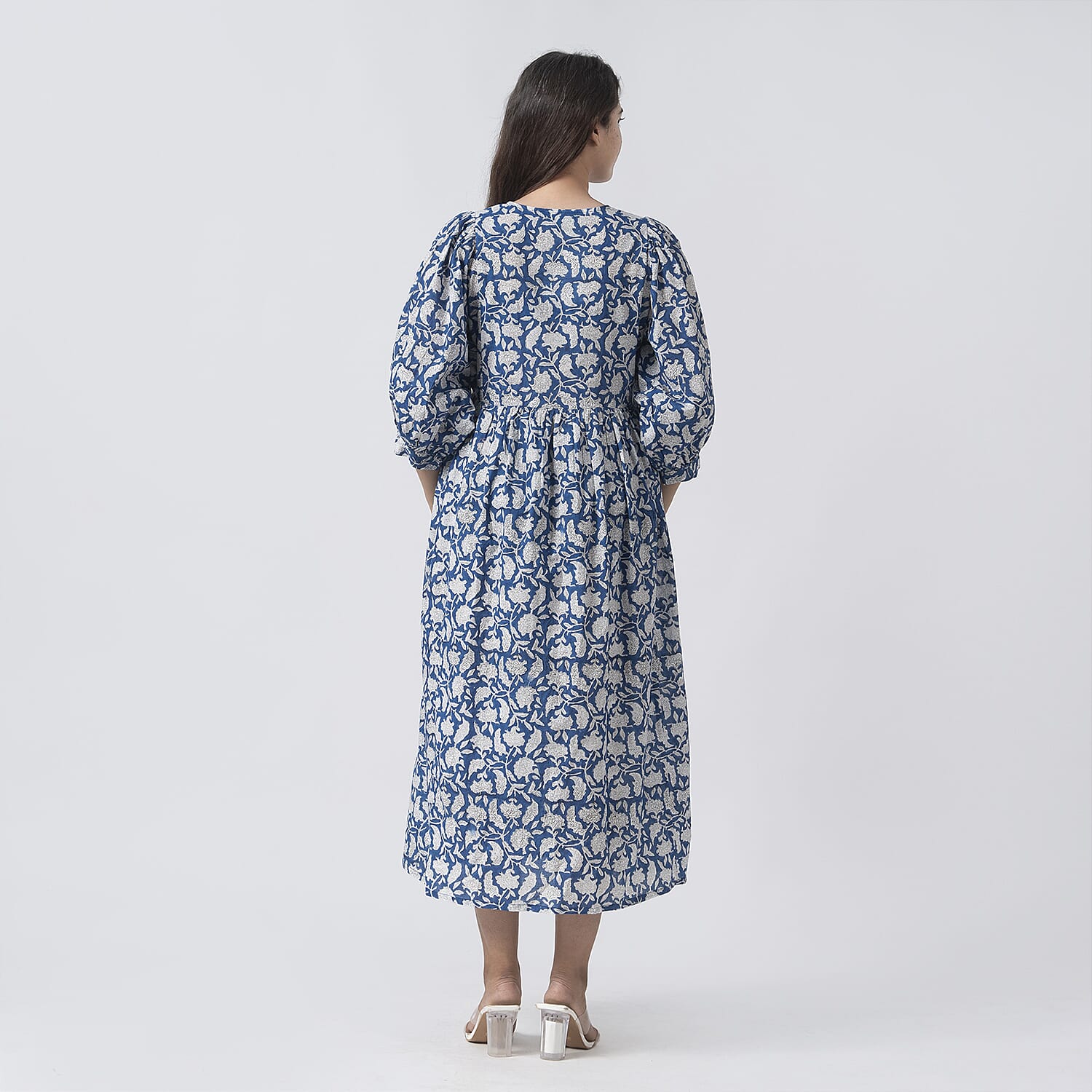 La Marey 100% Cotton Cambric Hand Block Printed Dress with Tie Closer - Navy (Size-L 16-18)