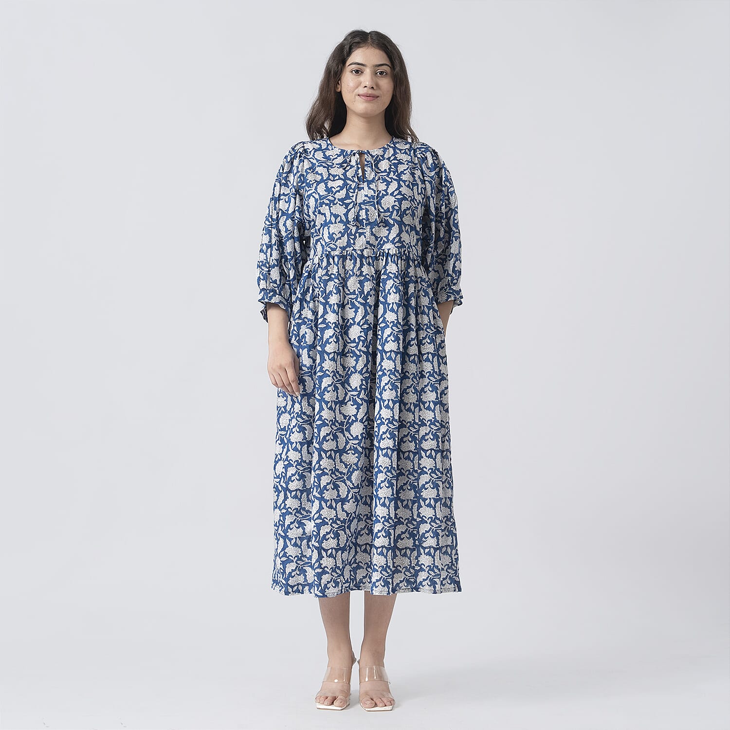 La Marey 100% Cotton Cambric Hand Block Printed Dress with Tie Closer - Navy (Size-L 16-18)