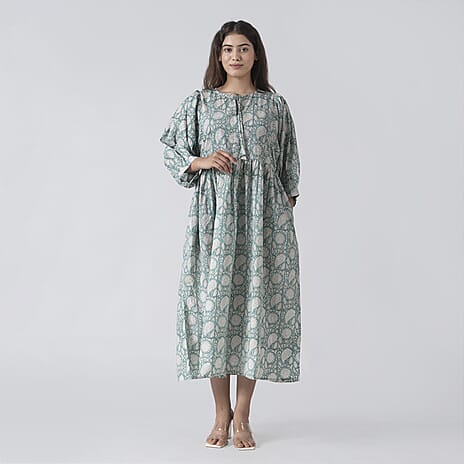 La Marey 100% Cotton Cambric Hand Block Printed Drsess with Tie Closer (Size S) - Turquoise
