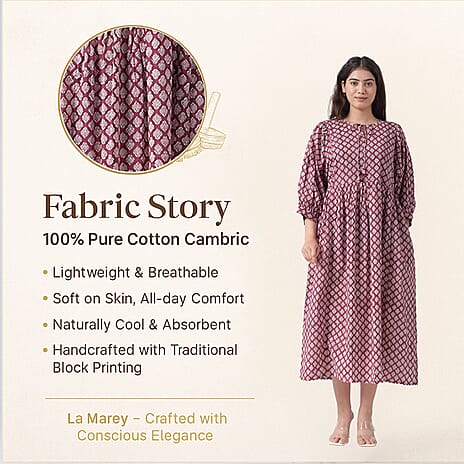 La Marey 100% Cotton Cambric Hand Block Printed Dress with Tie Closer (Size 12 to 14) - Burgundy