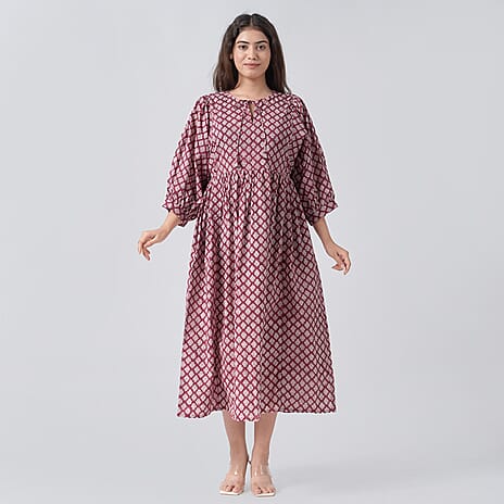 La Marey 100% Cotton Cambric Hand Block Printed Dress with Tie Closer (Size 20 to 22) - Burgundy