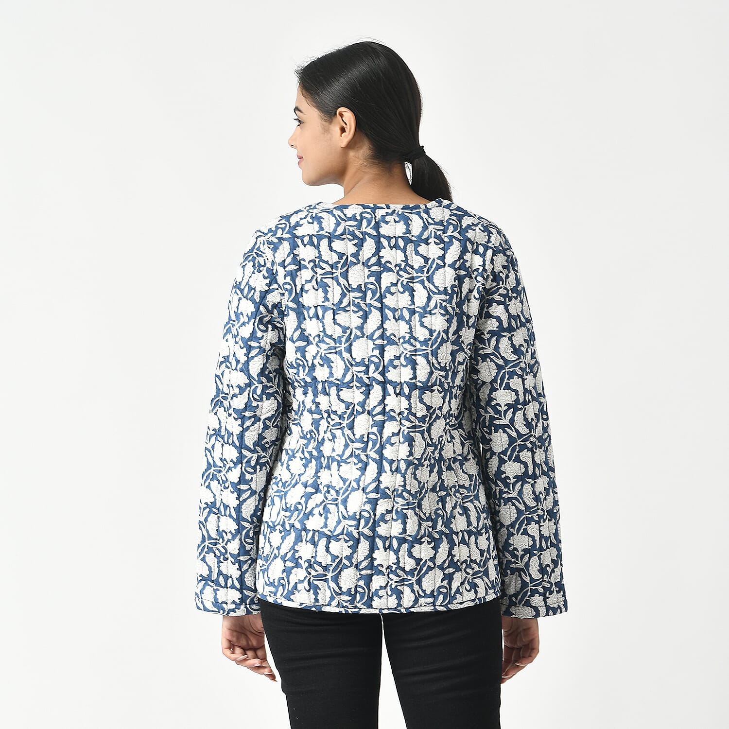 La Marey 100% Cotton Block Printed Quilted Jacket (Size S) - Navy