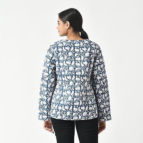 La Marey 100% Cotton Block Printed Quilted Jacket (Size S) - Navy