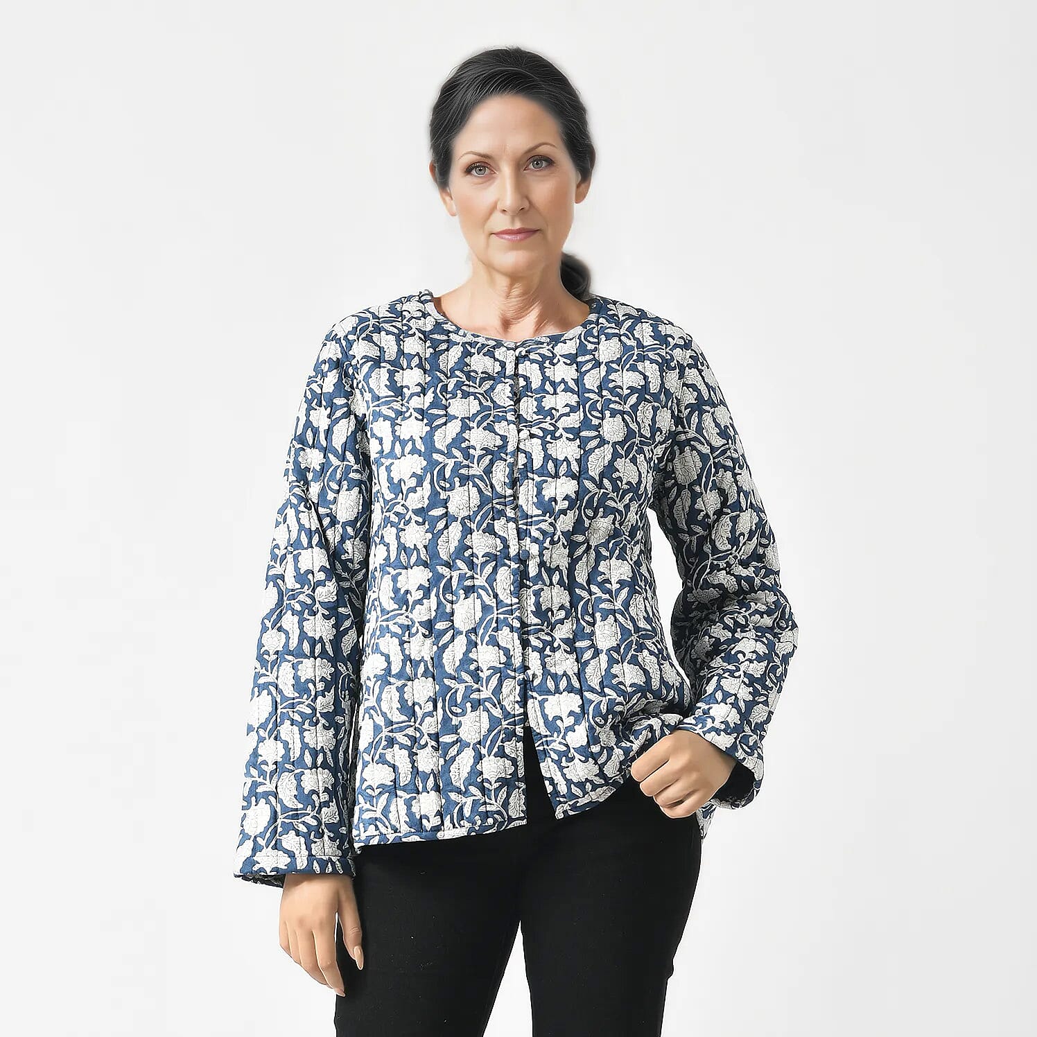 La Marey 100% Cotton Block Printed Quilted Jacket (Size S) - Navy