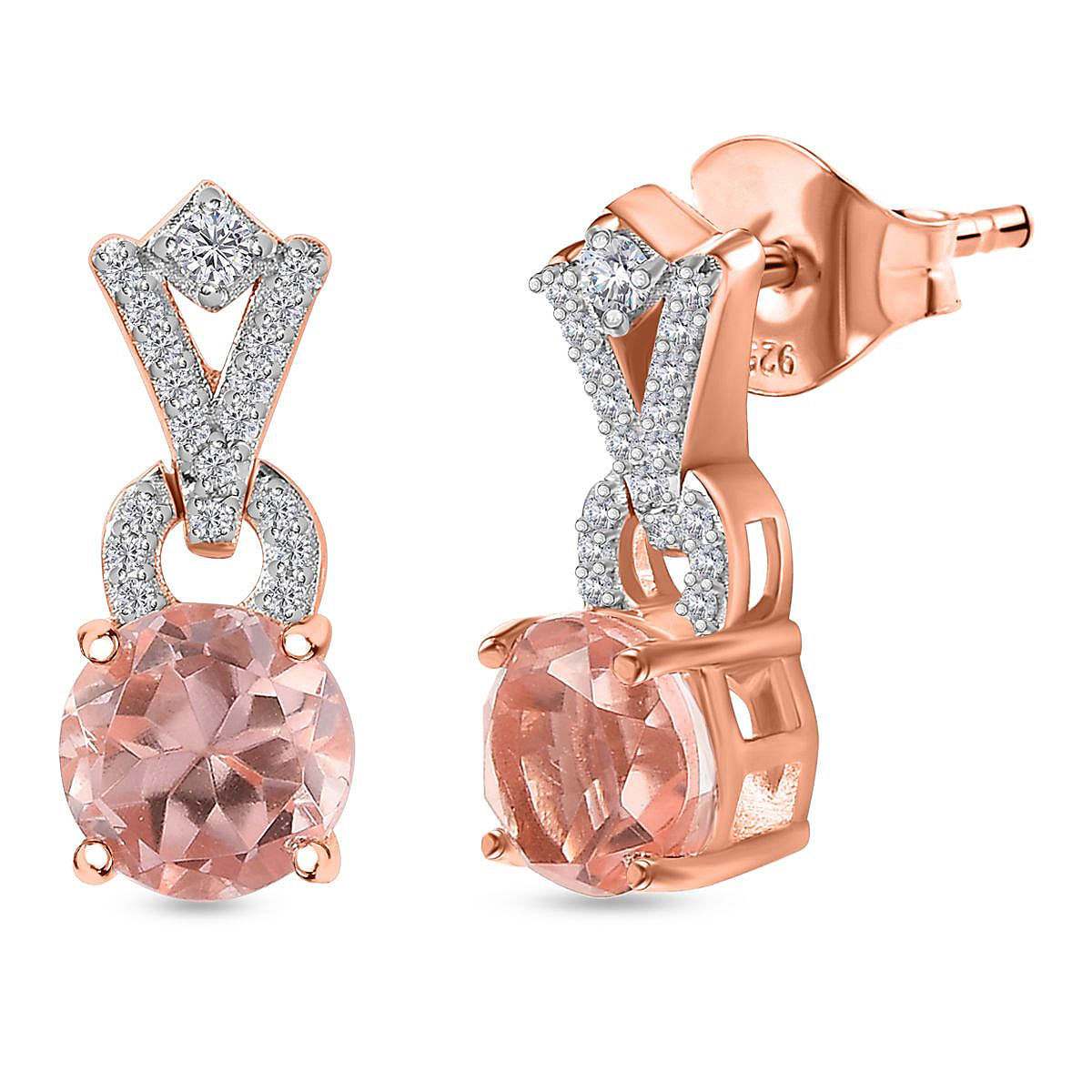 Morganite Color Quartz & Natural Zircon Earrings in 18K Rose Gold Vermeil Plated Sterling Silver 3.48 Ct.