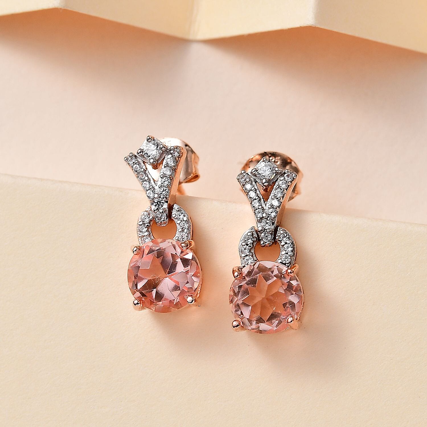 Morganite Color Quartz & Natural Zircon Earrings in 18K Rose Gold Vermeil Plated Sterling Silver 3.48 Ct.