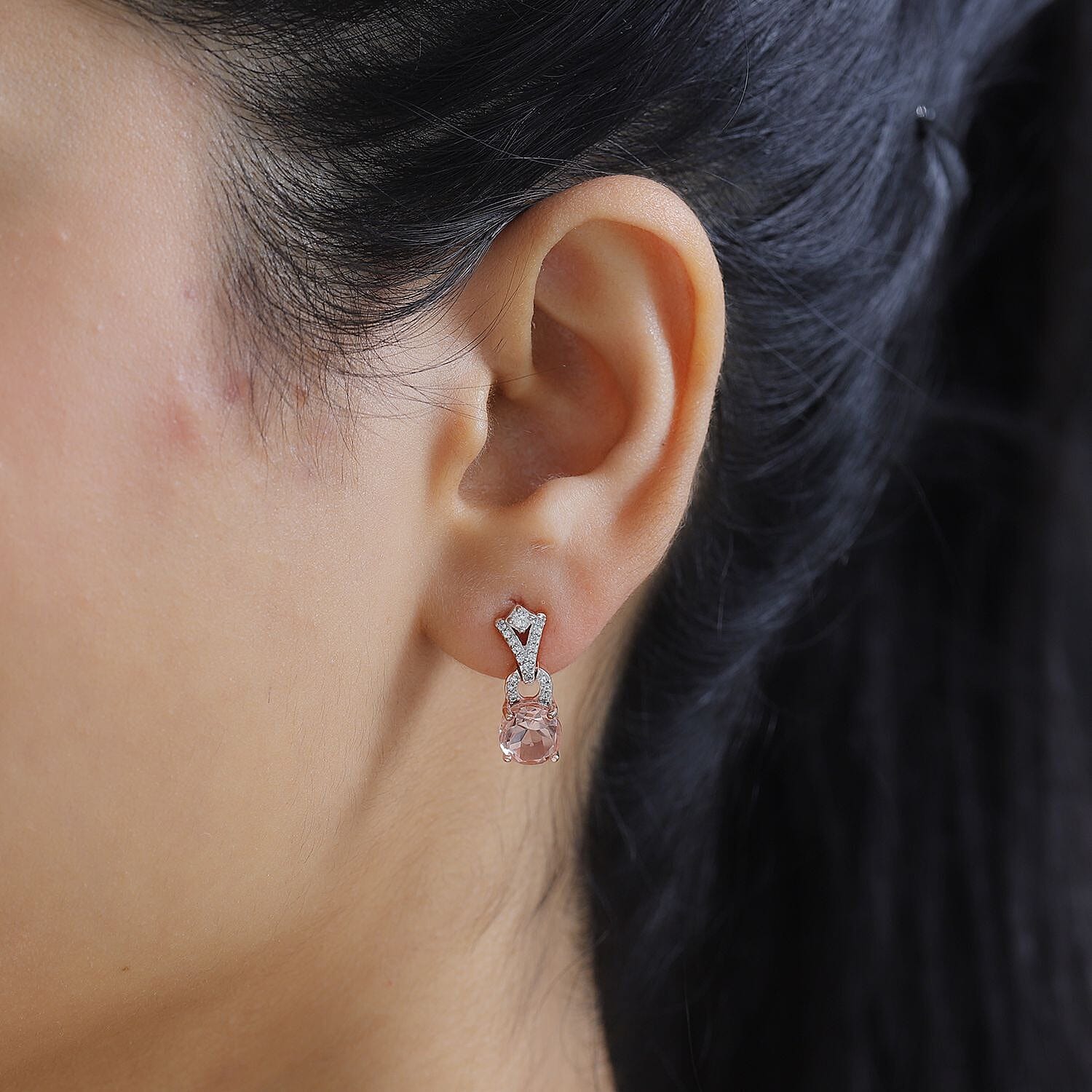 Morganite Color Quartz & Natural Zircon Earrings in 18K Rose Gold Vermeil Plated Sterling Silver 3.48 Ct.