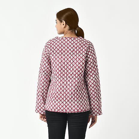 La Marey 100% Cotton Block Printed Quilted Jacket (Size XXL) - Burgundy