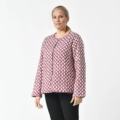 La Marey 100% Cotton Block Printed Quilted Jacket (Size XXL) - Burgundy