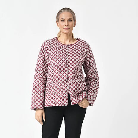 La Marey 100% Cotton Block Printed Quilted Jacket (Size XXL) - Burgundy