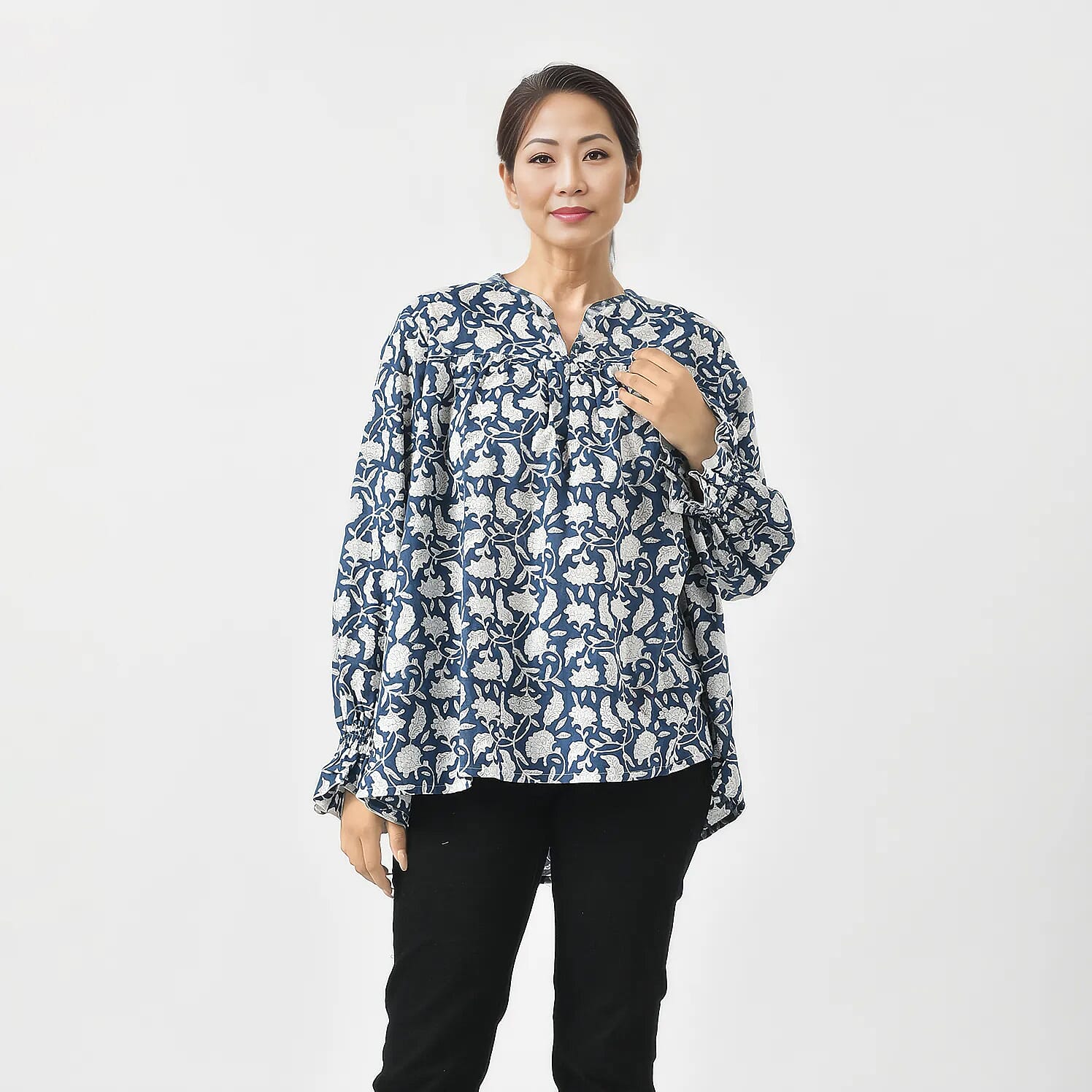 LA-MAREY pure cotton block print Blouse (Size S - 8 to 10) - Navy & White