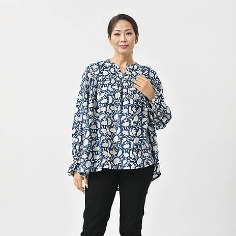 LA-MAREY pure cotton block print Blouse (Size S - 8 to 10) - Navy & White