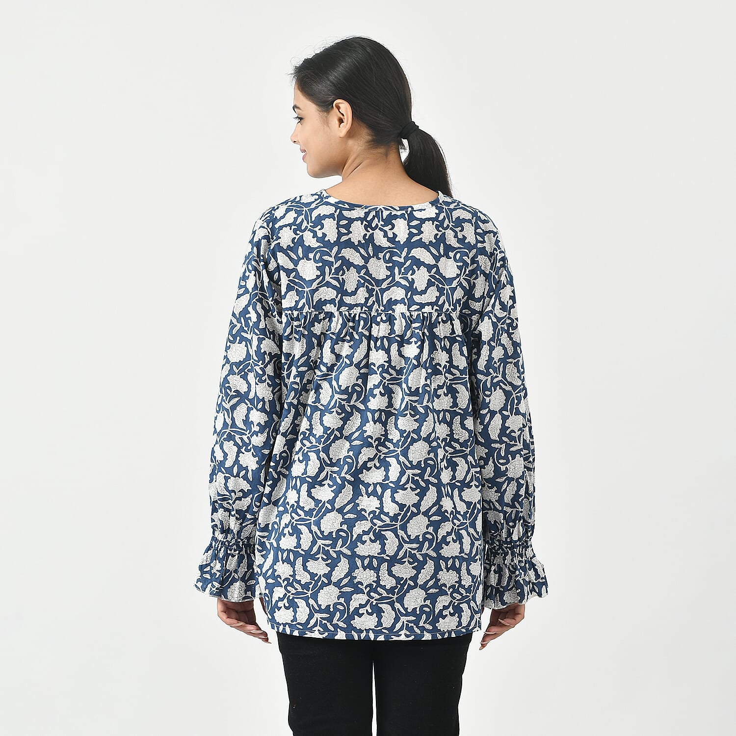 La Marey 100% Cotton Block Printed Blouse (Size S) - Navy