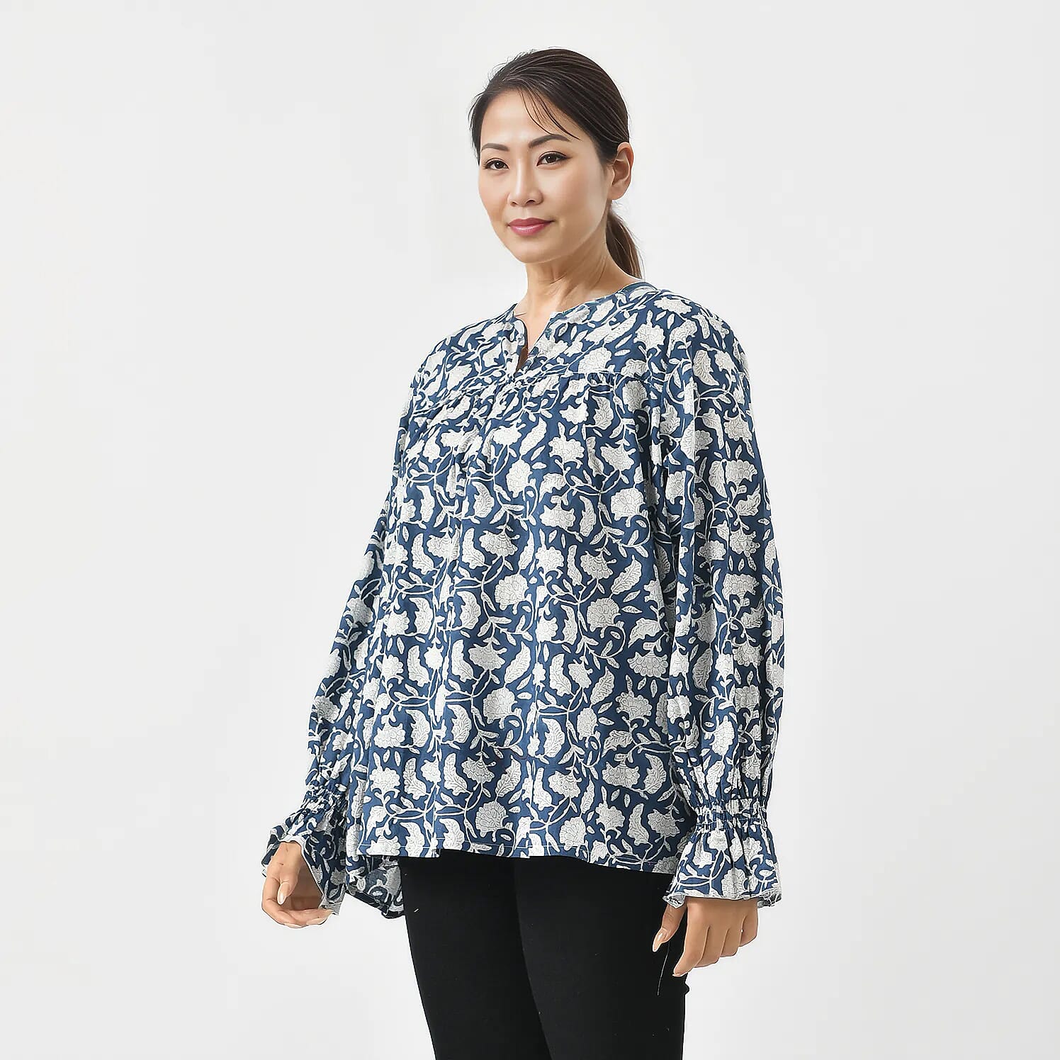 La Marey 100% Cotton Block Printed Blouse (Size S) - Navy