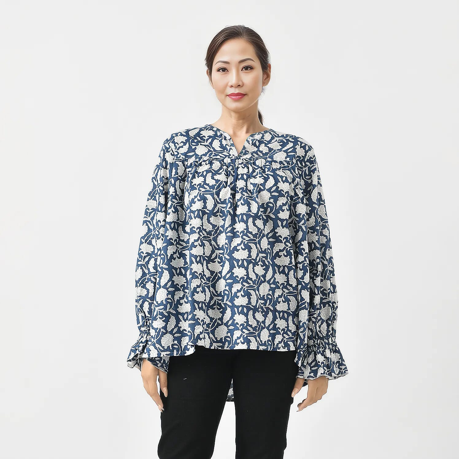 La Marey 100% Cotton Block Printed Blouse (Size S) - Navy