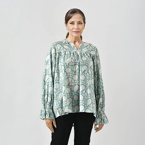 LA-MAREY Pure Cotton Block Blouse Shirt (Size S - 8 to 10) - Turquoise & White