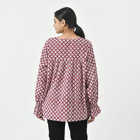 LA-MAREY Pure Cotton Block Print Blouse (Size L - 16 to 18) - Burgundy & White