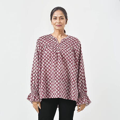 LA-MAREY Pure Cotton Block Print Blouse (Size XL - 20 to 22) - Burgundy & White
