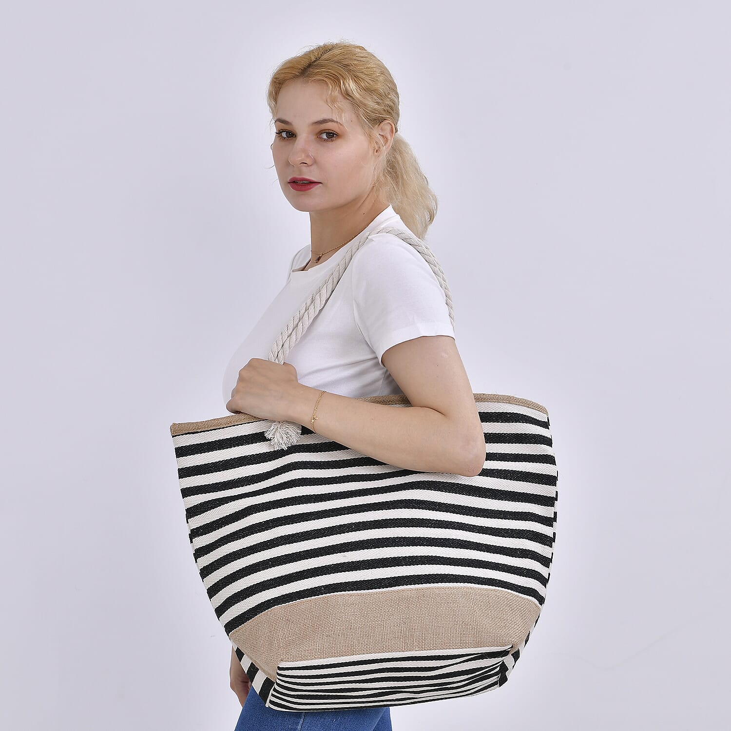 Multi-Purpose Striped Stylish Tote Bag - Black & White