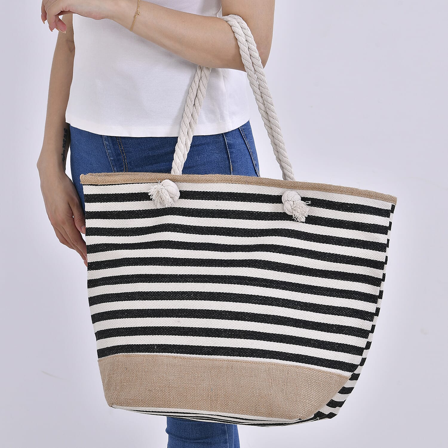 Multi-Purpose Striped Stylish Tote Bag - Black & White