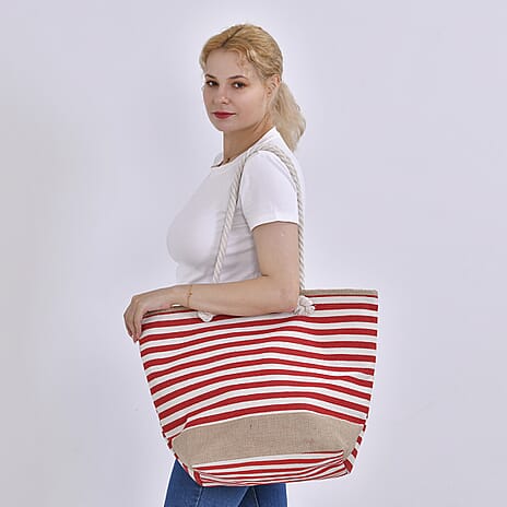 Multi-Purpose Striped Stylish Tote Bag - Red & White