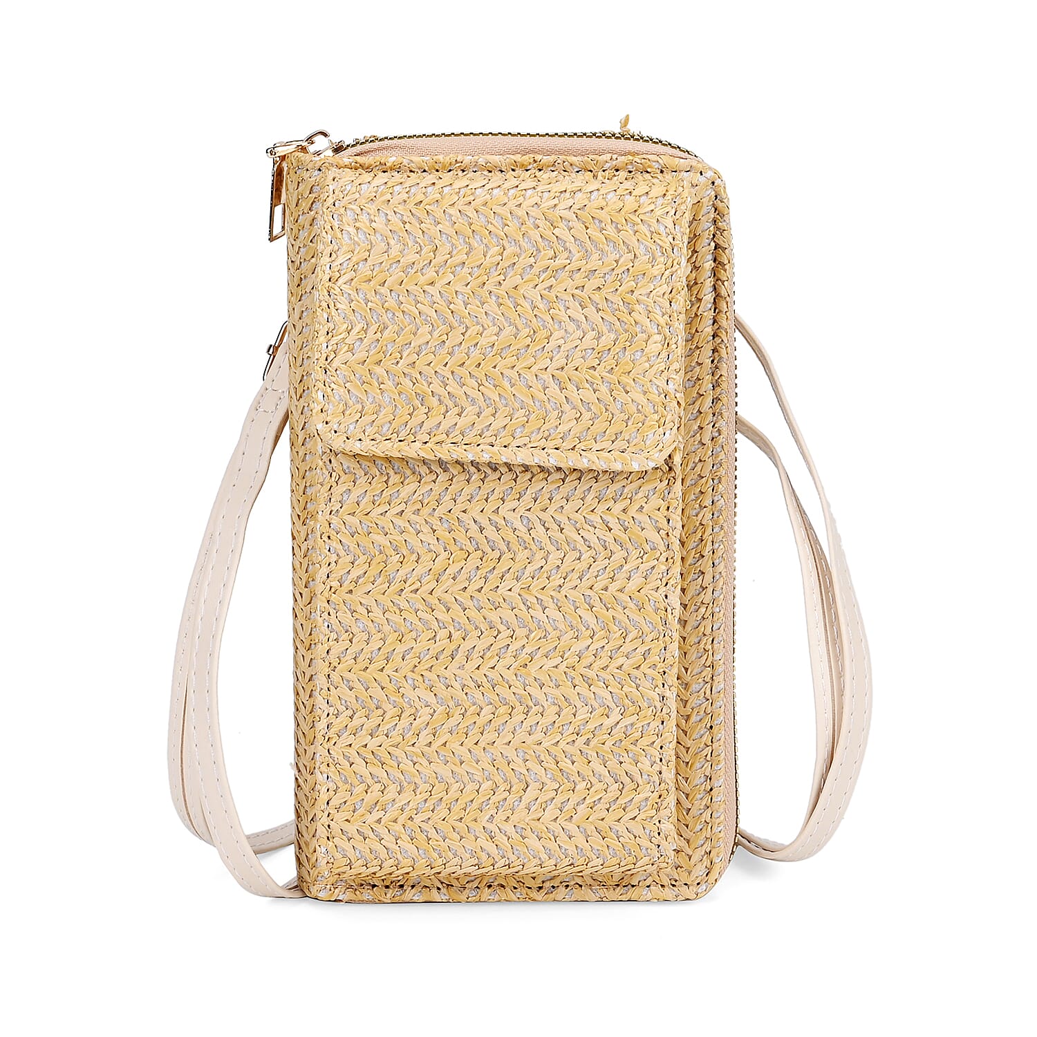 Leatherette Crossbody Cellphone Bag with Long Strap - Beige