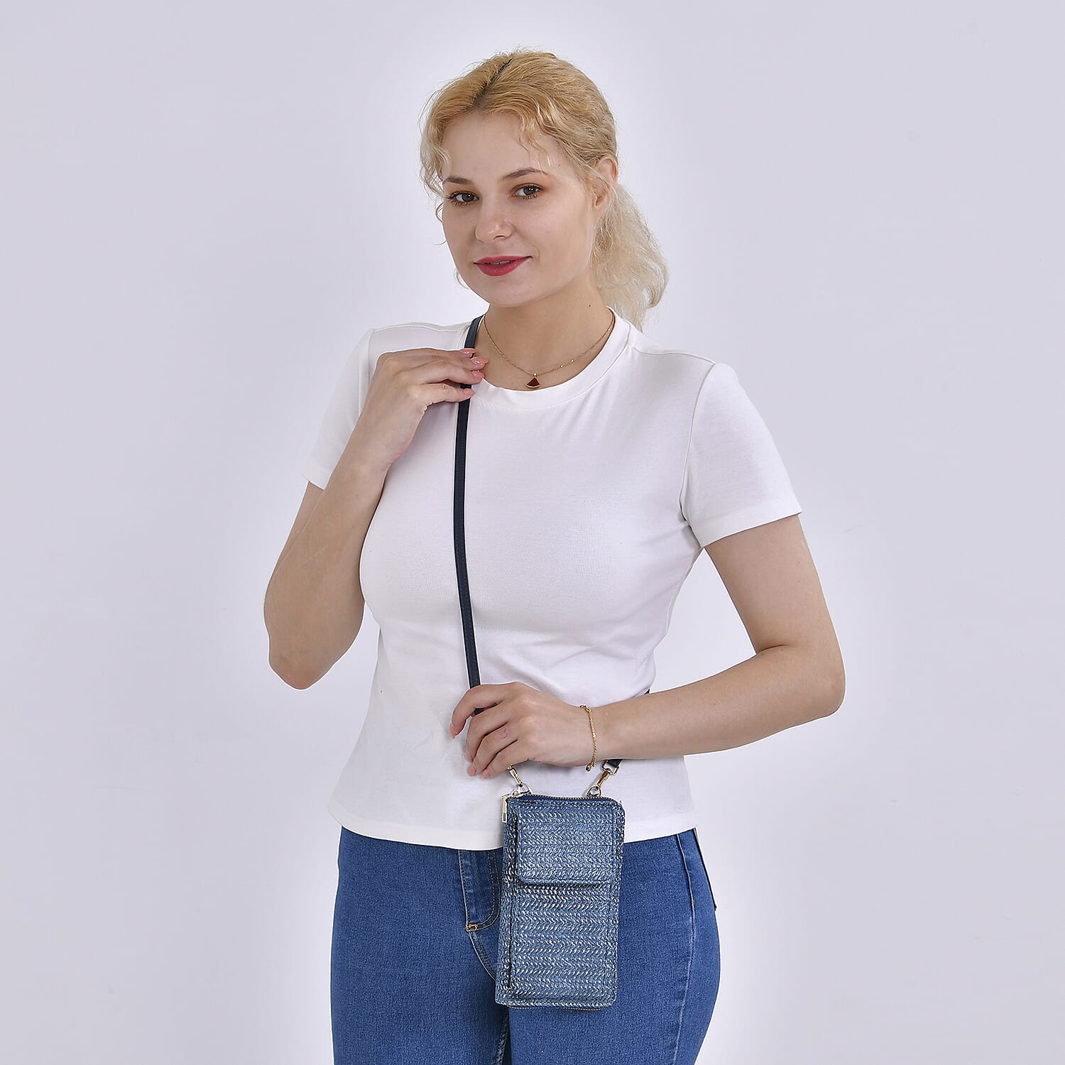 Designer Inspired - Tweed Look Crossbody Bag  - Blue