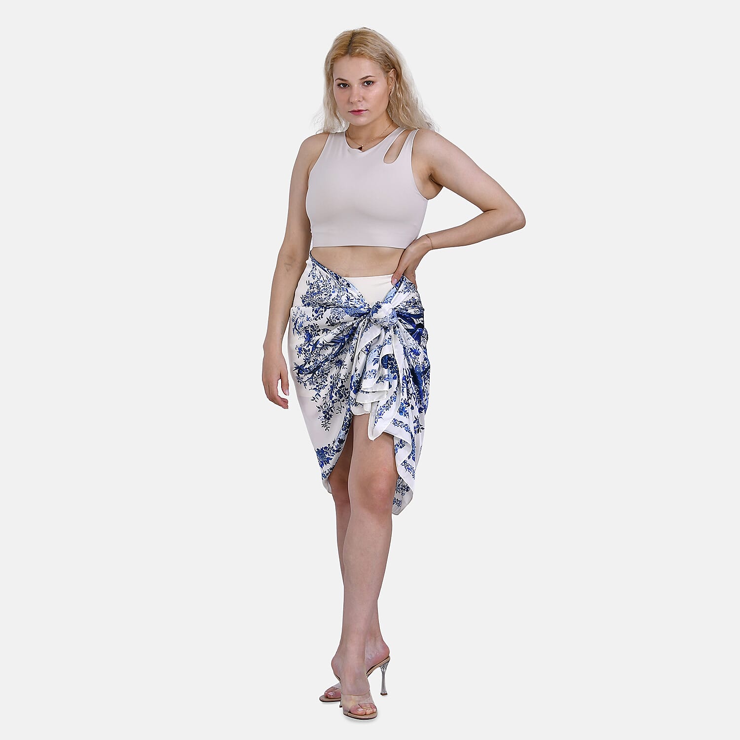 Polyester Printed Scarf (Size 180x1 cm) - Blue & White