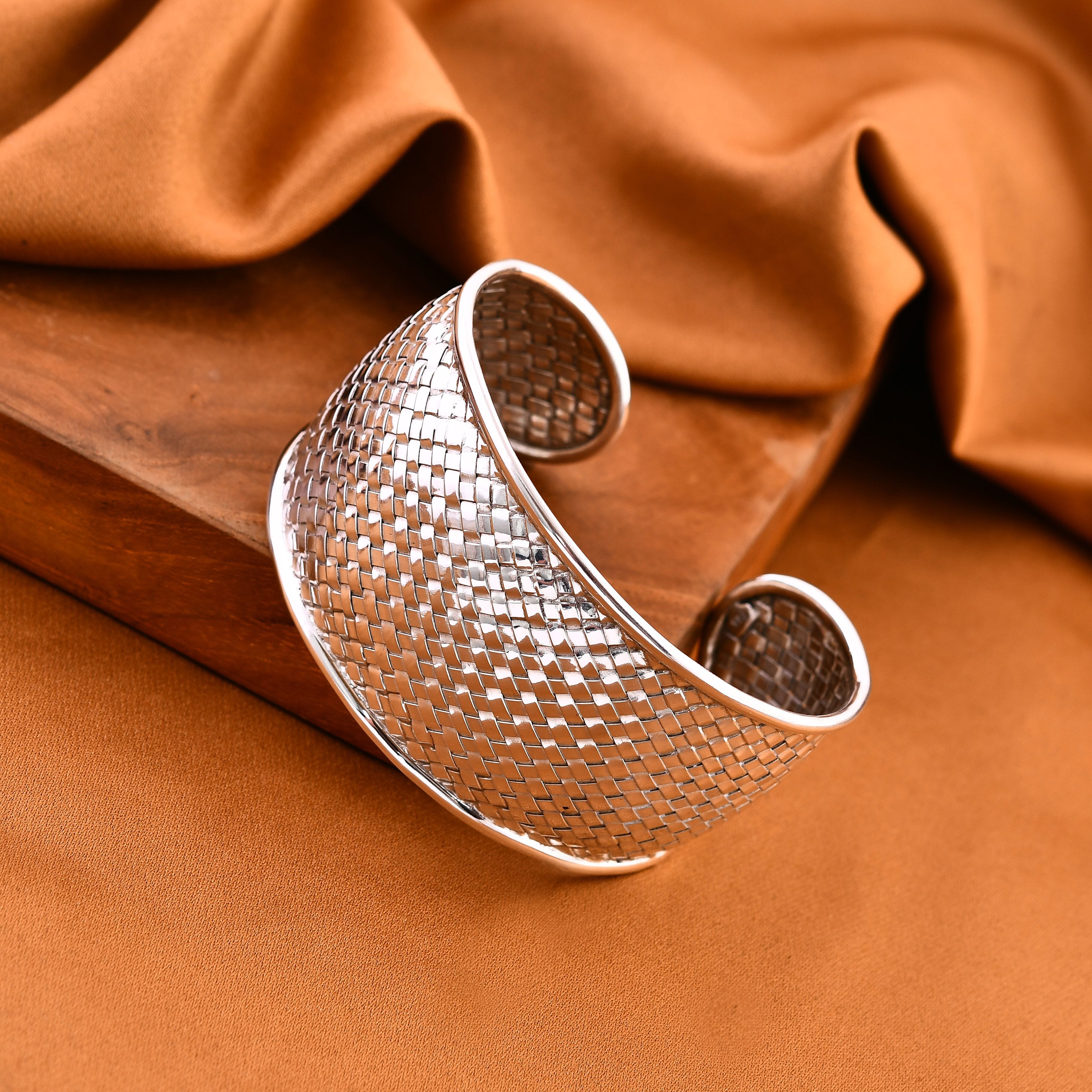 Royal Bali Collection - Sterling Silver Woven Wire Cuff Bangle (Size 7.5), Silver Wt. 34.16 Gms
