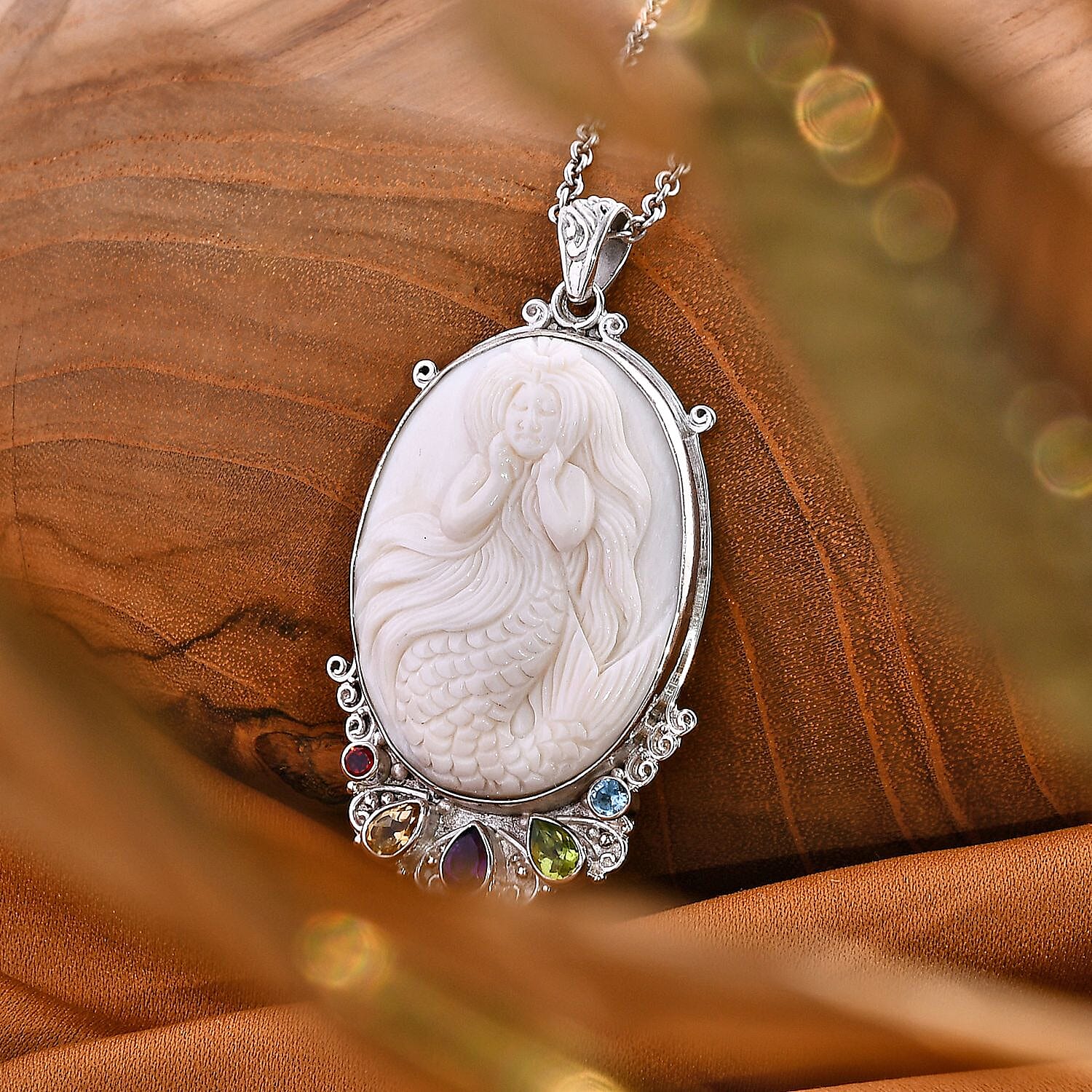 The Royal Bali Princess Collection - Carved Ox Bone & Multi Gemstones Pendant Sterling Silver Silver 1.80 Ct, Silver Wt. 8.45 Gms.