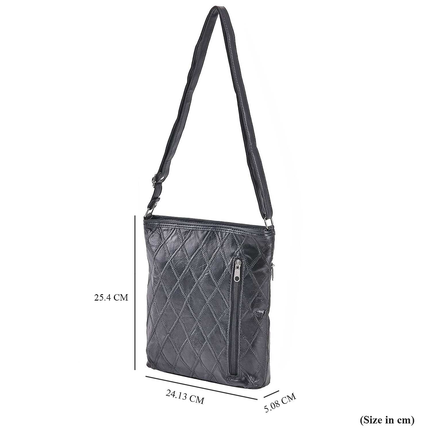 Leather Patch Work Crossbody Bag with Adjustable Shoulder Strap - Black